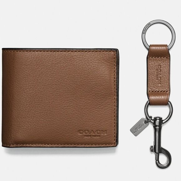 Coach Men's 3 in 1 Compact ID Leather Wallet With Key Fob F64118 Dark Saddle - Picture 2 of 6
